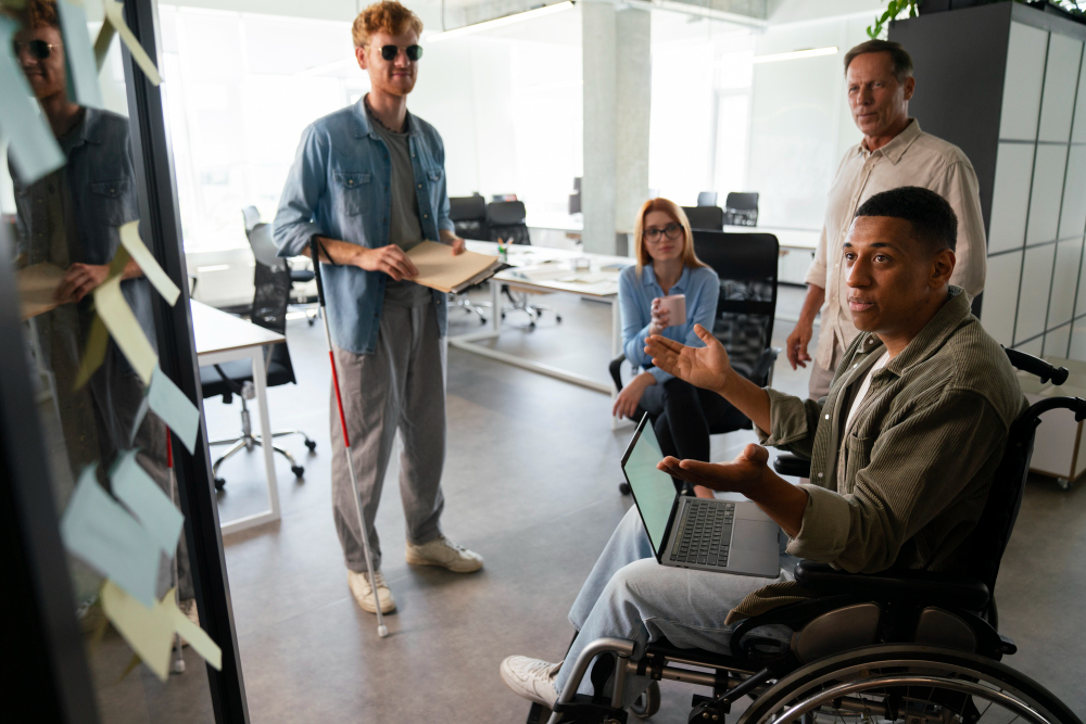 A man in a wheelchair engages in conversation with a diverse group of people gathered around him